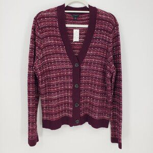 Ann Taylor Woven Tweed Knit Cardigan Sweater XL Womens V Neck Burgundy Red
